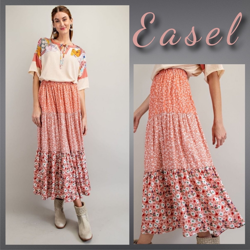 EASEL Mixed Floral Print Midi or Maxi Cottagecore Tiered Prairie Skirt W/Lining - Picture 1 of 16